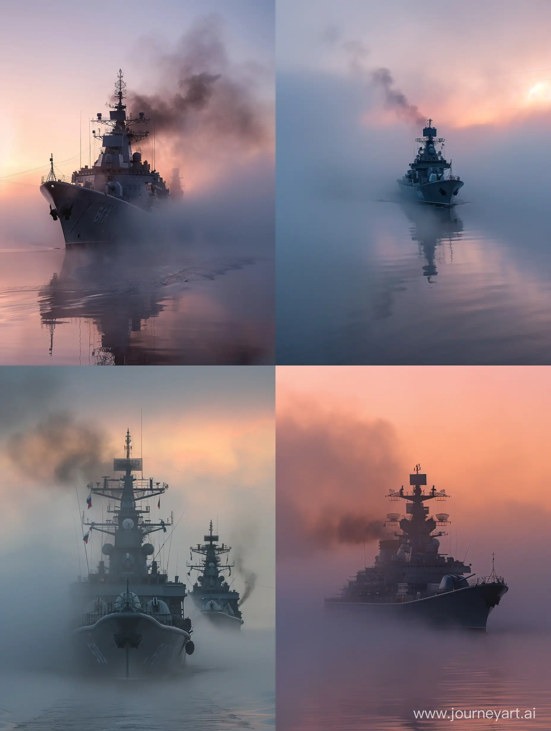 /promt A Russian warship in the fog, followed by dawn