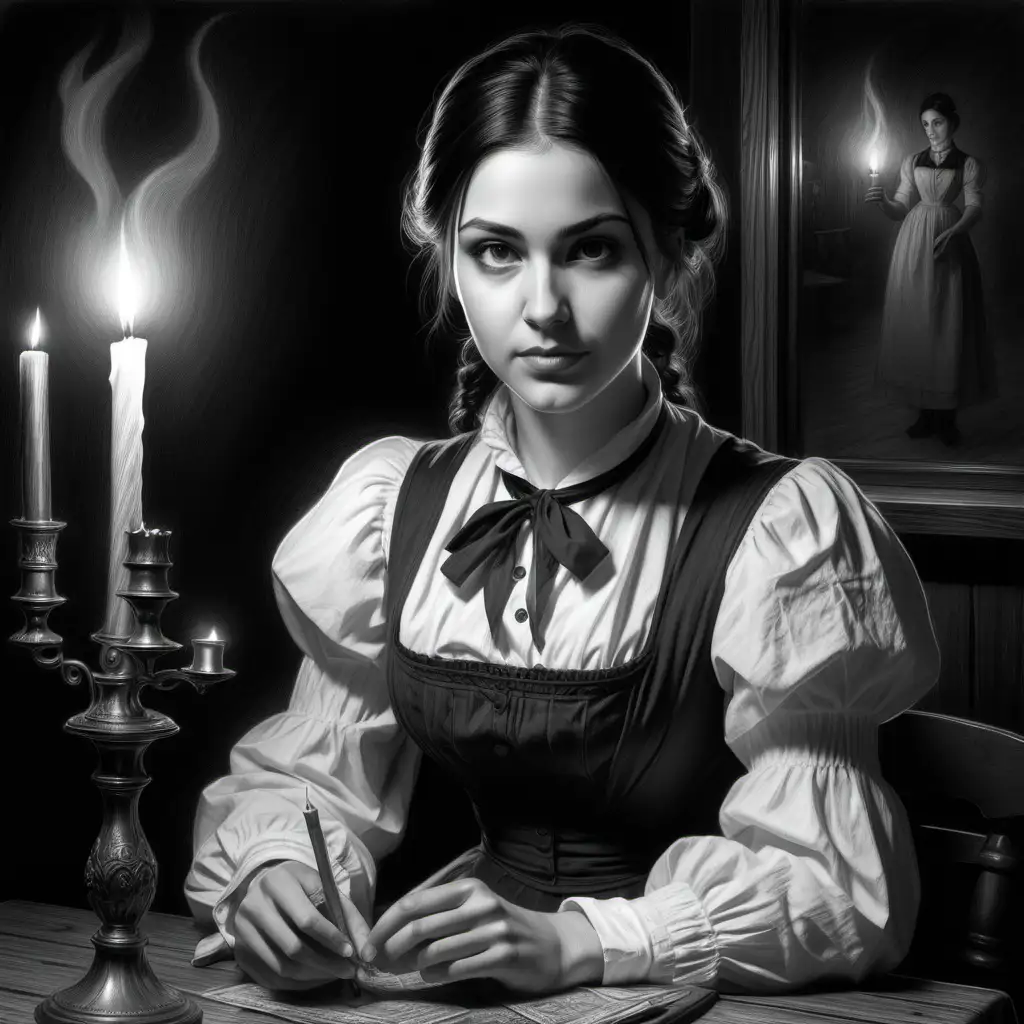 Detailed Black and White Pencil Drawing of Nadina a 19th Century Waitress by Candlelight