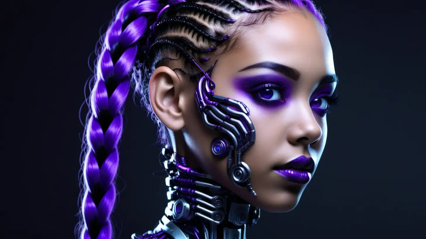 Cyborg woman, 18 years old. She has a cyborg face, but she is extremely beautiful. Futuristic braids. Purple and black. Matching colors.