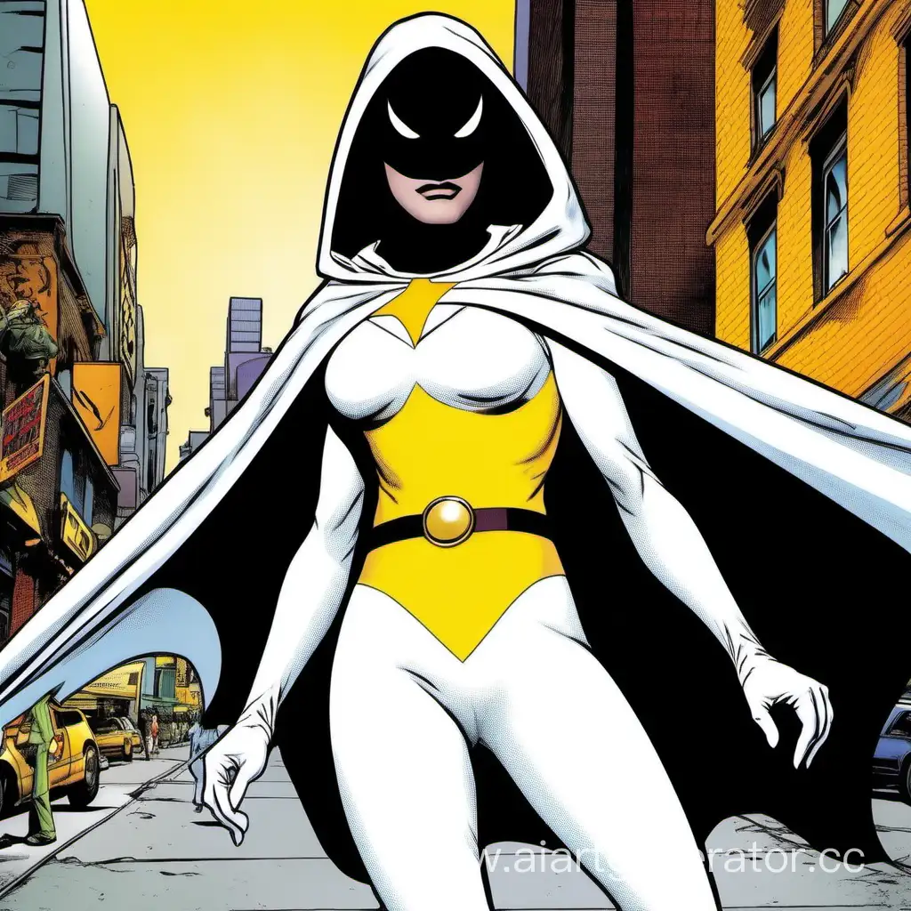 space ghost, actress, white tights, white spandex, white gloves, black mask, yellow cape, black belt, street, detail