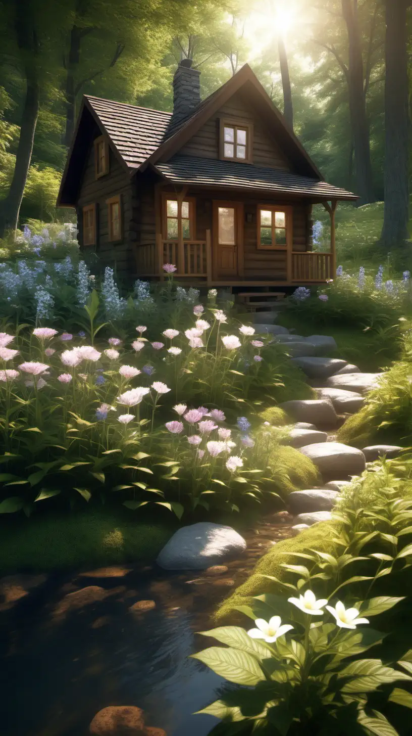 a photograph of a little house cabin in the forest. some flowers on the houseroof.  a charming flowers garden and a clear creek flowing calmly by the house. a morning sunlight shine through trees. HD quality. sharp. detailed. 