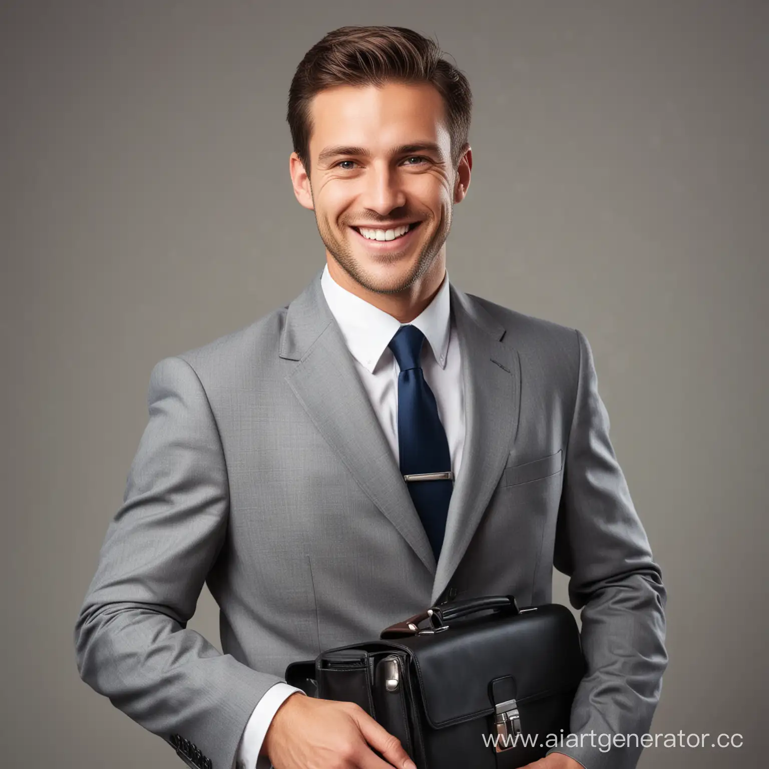 улыбающийся мужчина в деловом костюме с портфелем 