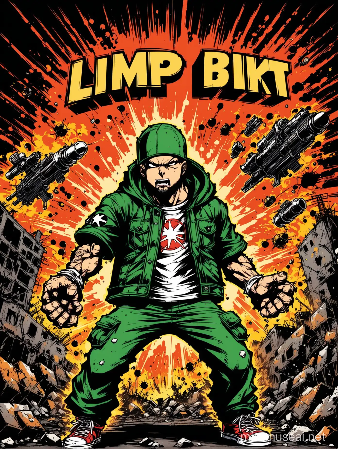 limp bizkit type character with explosion in the background, post apocalyptic background, in the style of greg capullo, in the style of todd mcfarlane, american comics style, graffiti style, 90s art style, black background