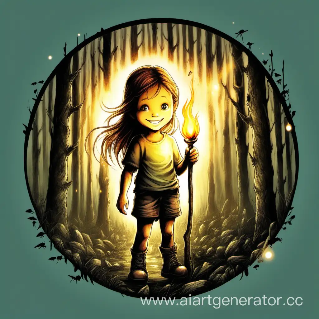 forgotten world, logo, fantasy, child, torch, forest, fireflies, smile