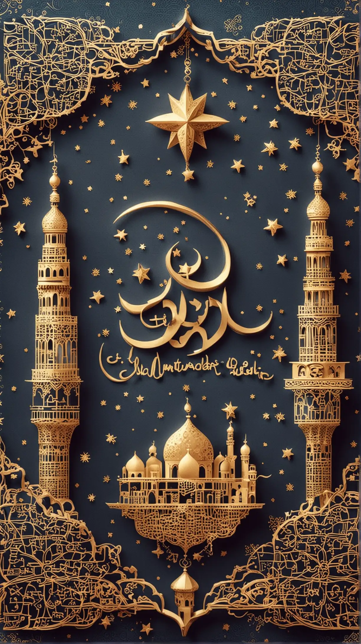 Eid Mubarak Greeting Card with Vibrant Islamic Patterns and Crescent Moon Design