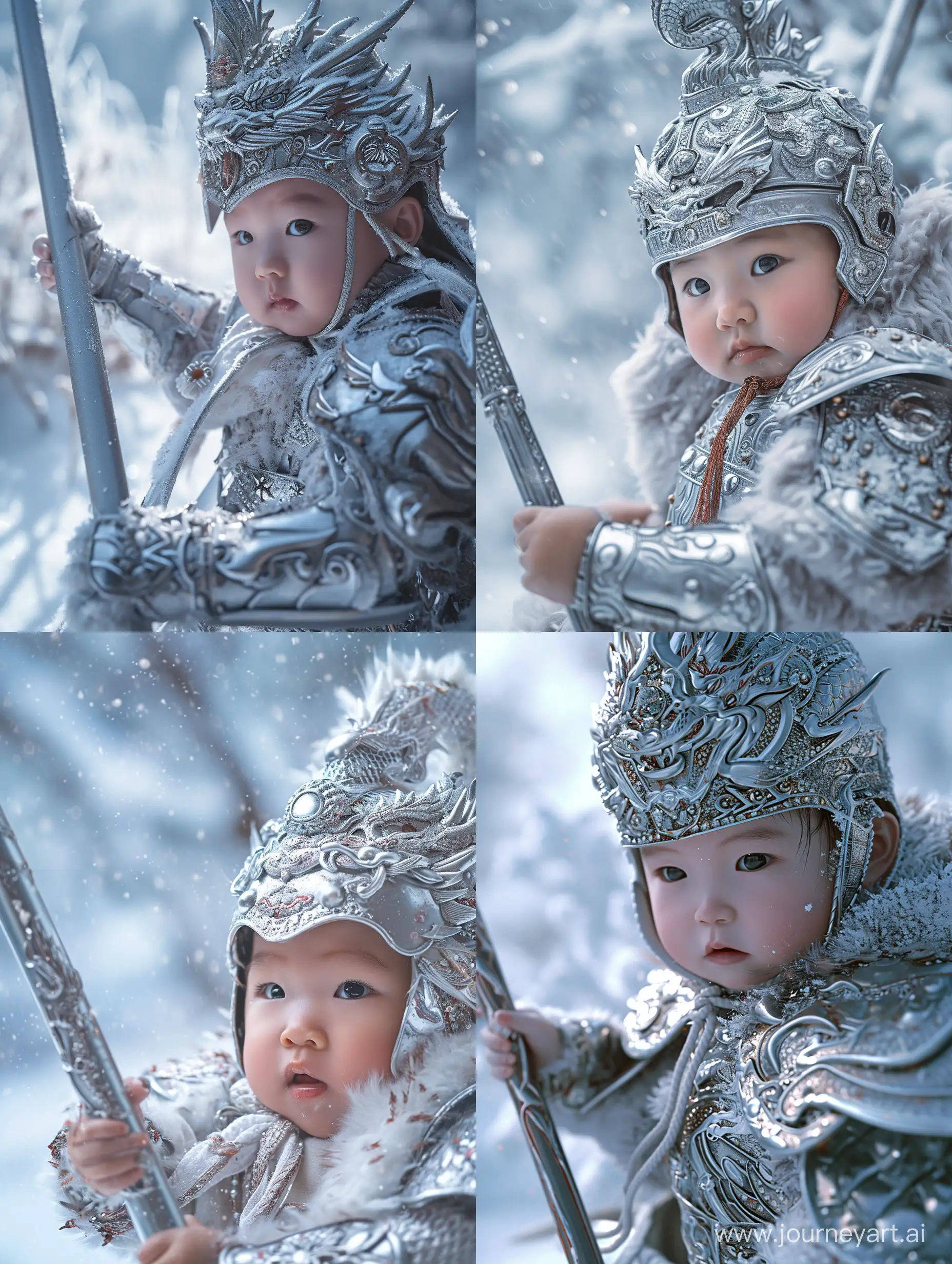 Adorable-Baby-in-General-Zhao-Zilongs-Silver-Armor-with-Dragonpatterned-Helmet