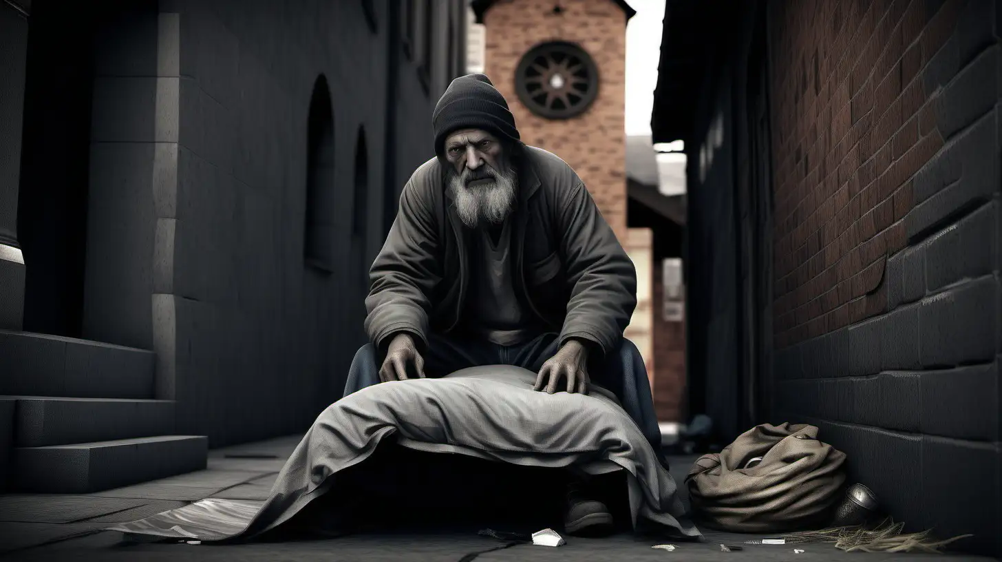 /imagine prompt: Realistic, Cinematic, personality: [Shift to the homeless man, mustering up courage as he prepares himself for another day. He straightens his makeshift bed, tugs at his ragged clothes, and walks with determination towards a nearby church.] unreal engine, hyper real --q 2 --v 5.2 --ar 16:9