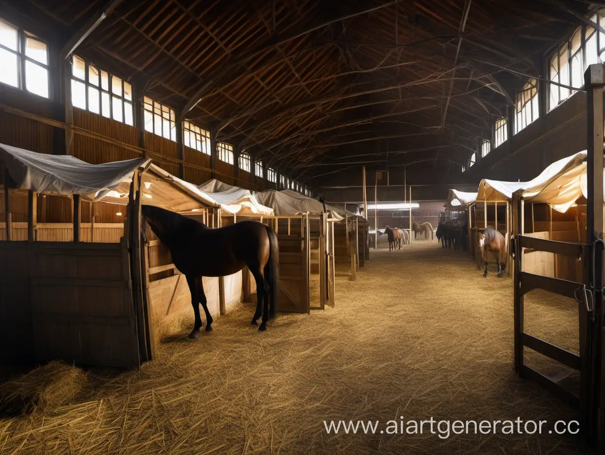 Внутри большой конюшни, несколько стоил, карета с клеткой накрытая большой тканью, сено на полу, лошади 