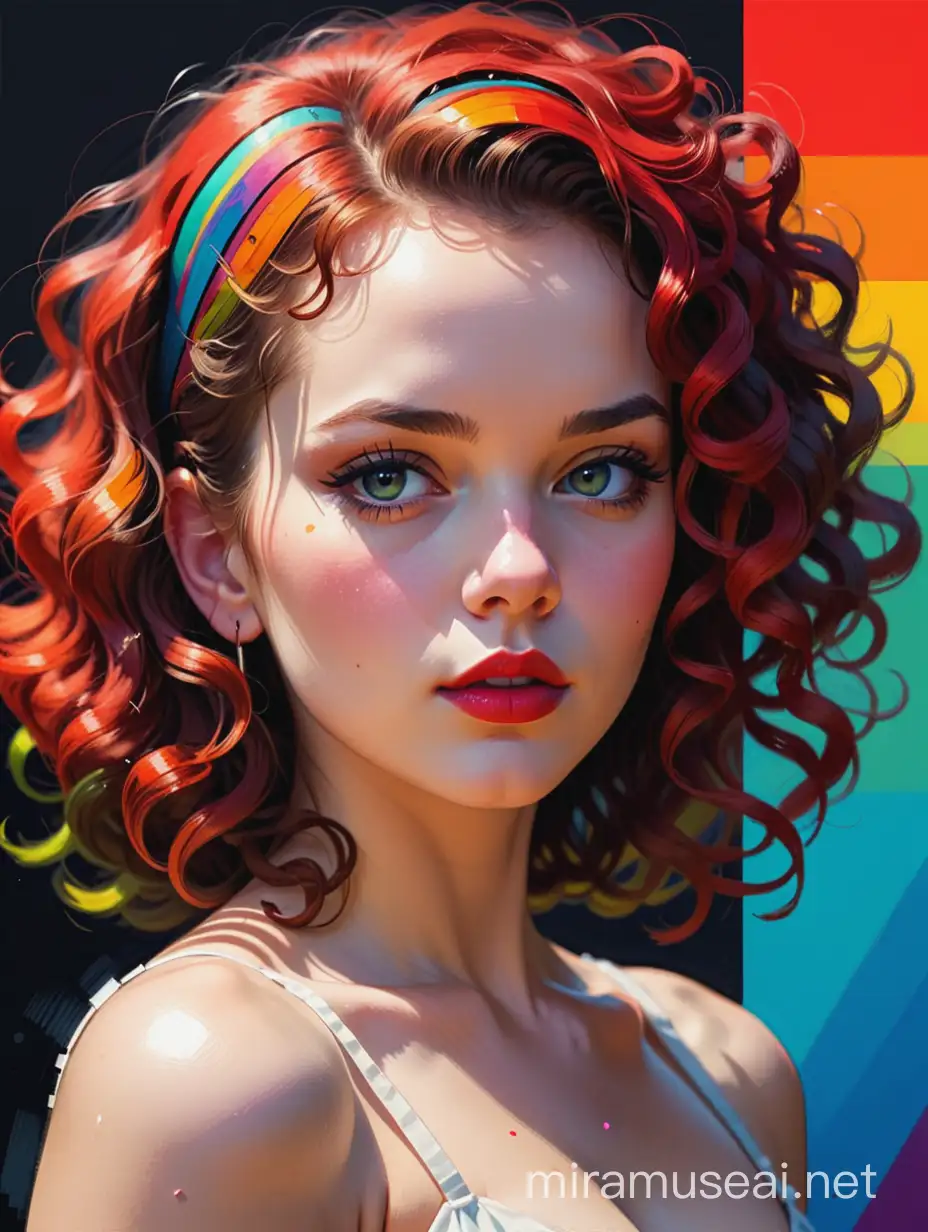 Pixel art, Aivision, portrait 50's style , Ashley Wood , Daniel Gerhart  , very attractive , high contrast impressionistic, full red lips, curly hair, neon colors, the background is many cyrcles in rainbow colors