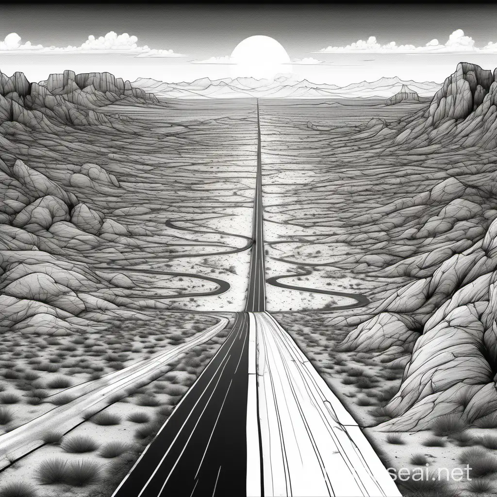 black and white line drawing of road going left to right in desert landscape with city far away. the whole image seen from upper angle