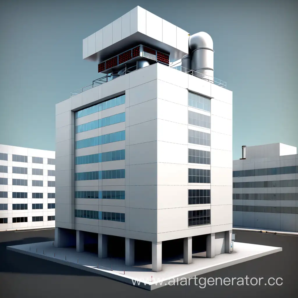 5 этажный дом в 3д формате, стоит вытяжка, на которой стоит Термоэлектрический генератор (ТЭГ) и преобразовает в энергию