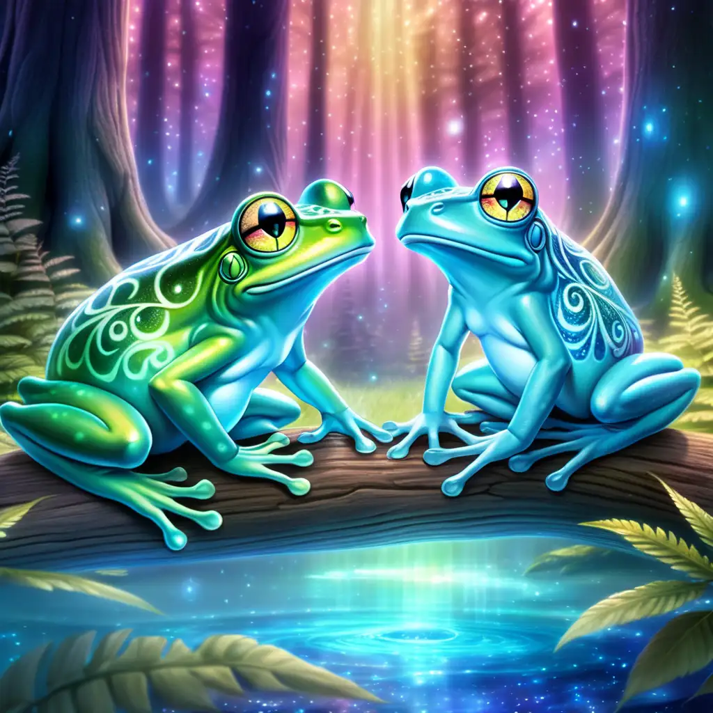 n anime style, in a mystical forest realm , an image of mythical Frogs with translucent skin, revealing patterns reminiscent of distant galaxies that shimmers in hues of the aurora borealis. Their eyes gleam with a mischievous intelligence.