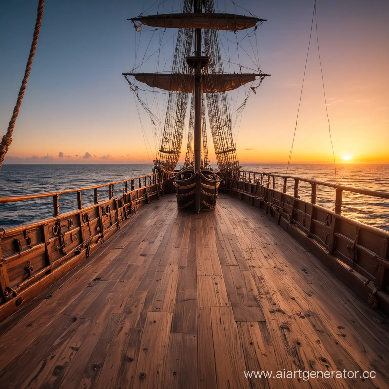 палуба пиратского корабля на фоне бескрайнего океана в закате