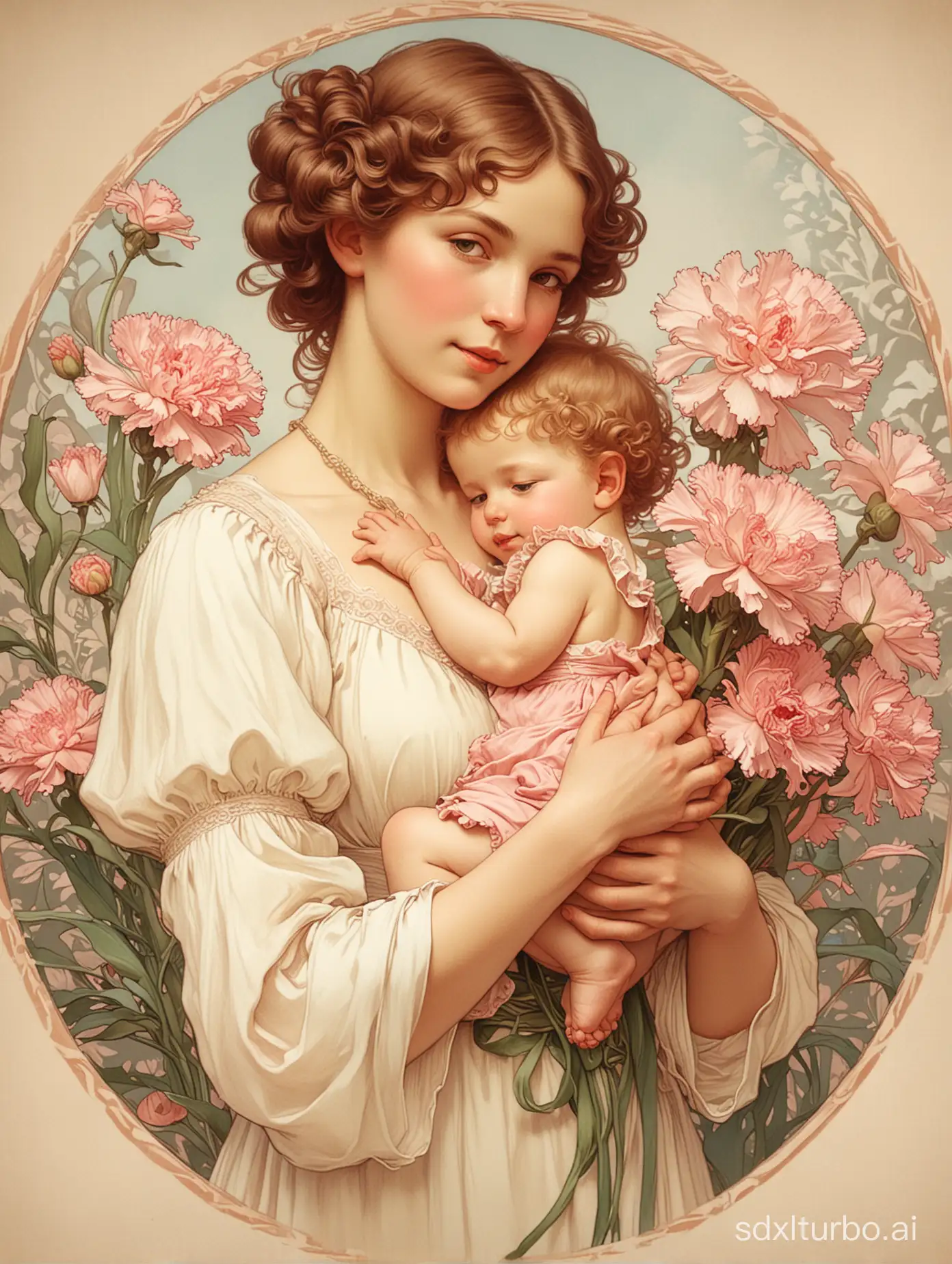 Mother's Day, mother holding her child, warm, carnation, Mucha style