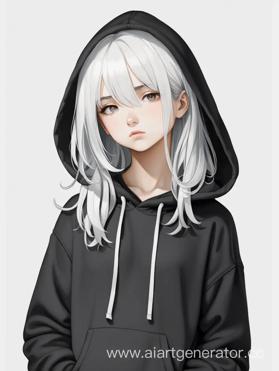 a tired white-haired girl in a black hoodie is standing, white background