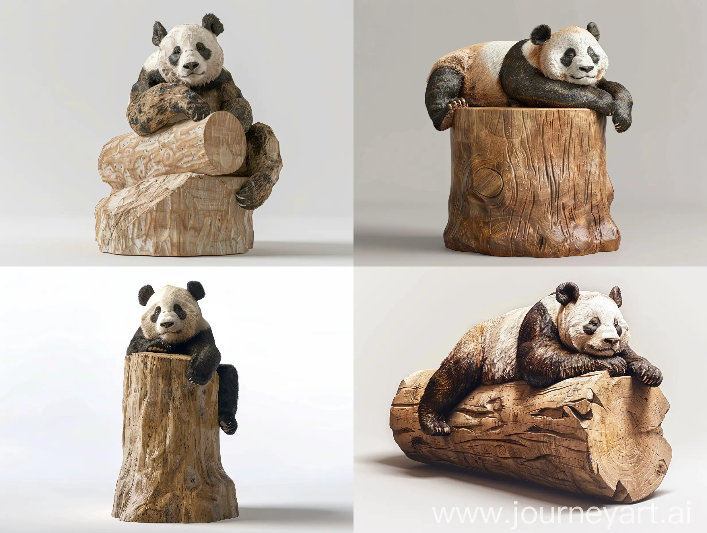 Professional sketch for wooden sculpture, a full-length a panda resting on a cylinder full-face and in profile, professional dynamic character, wood carving, white background, 8k Render, ultra realistic