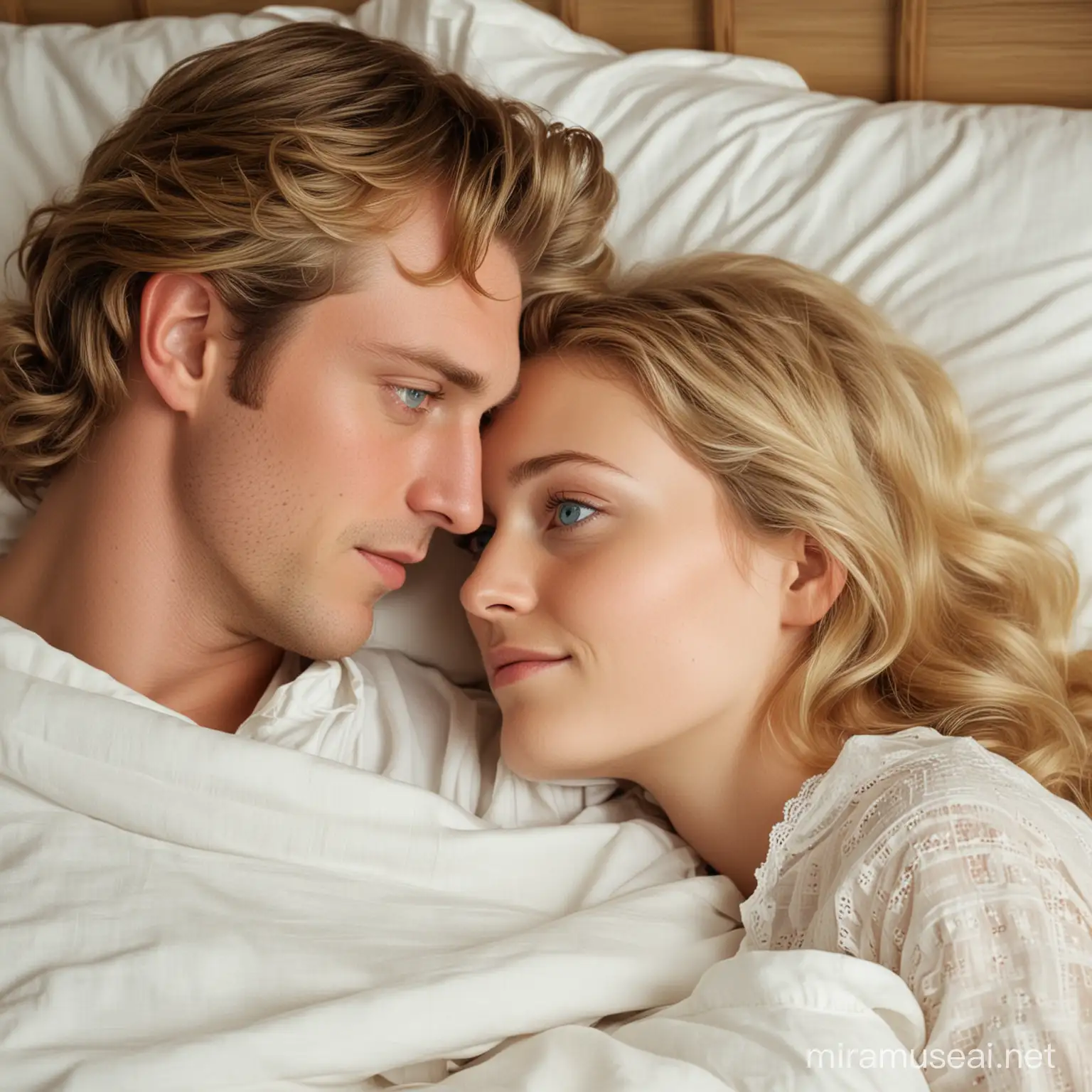 Romantic Couple Gazing into Each Others Eyes in Antique Bed