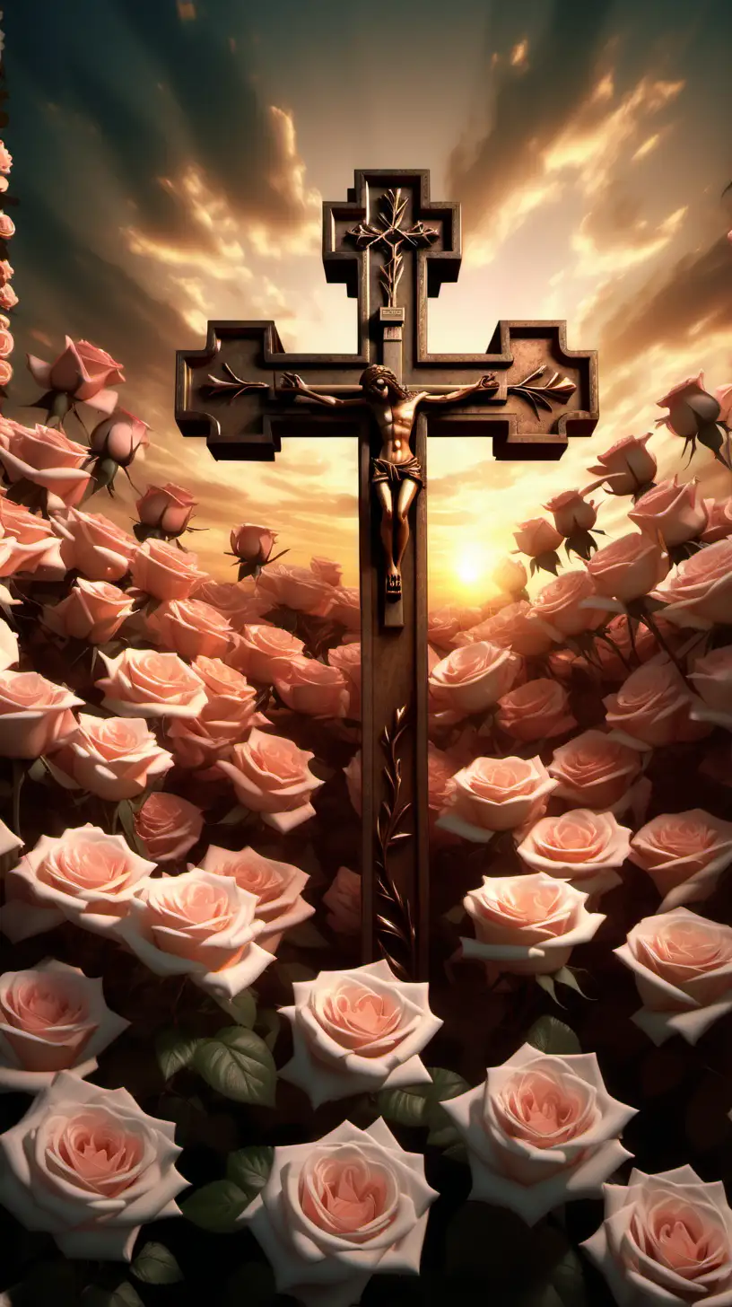 A cross surrounded by beautiful roses During the golden hour, extreme detailed digital art, dramatic lighting.