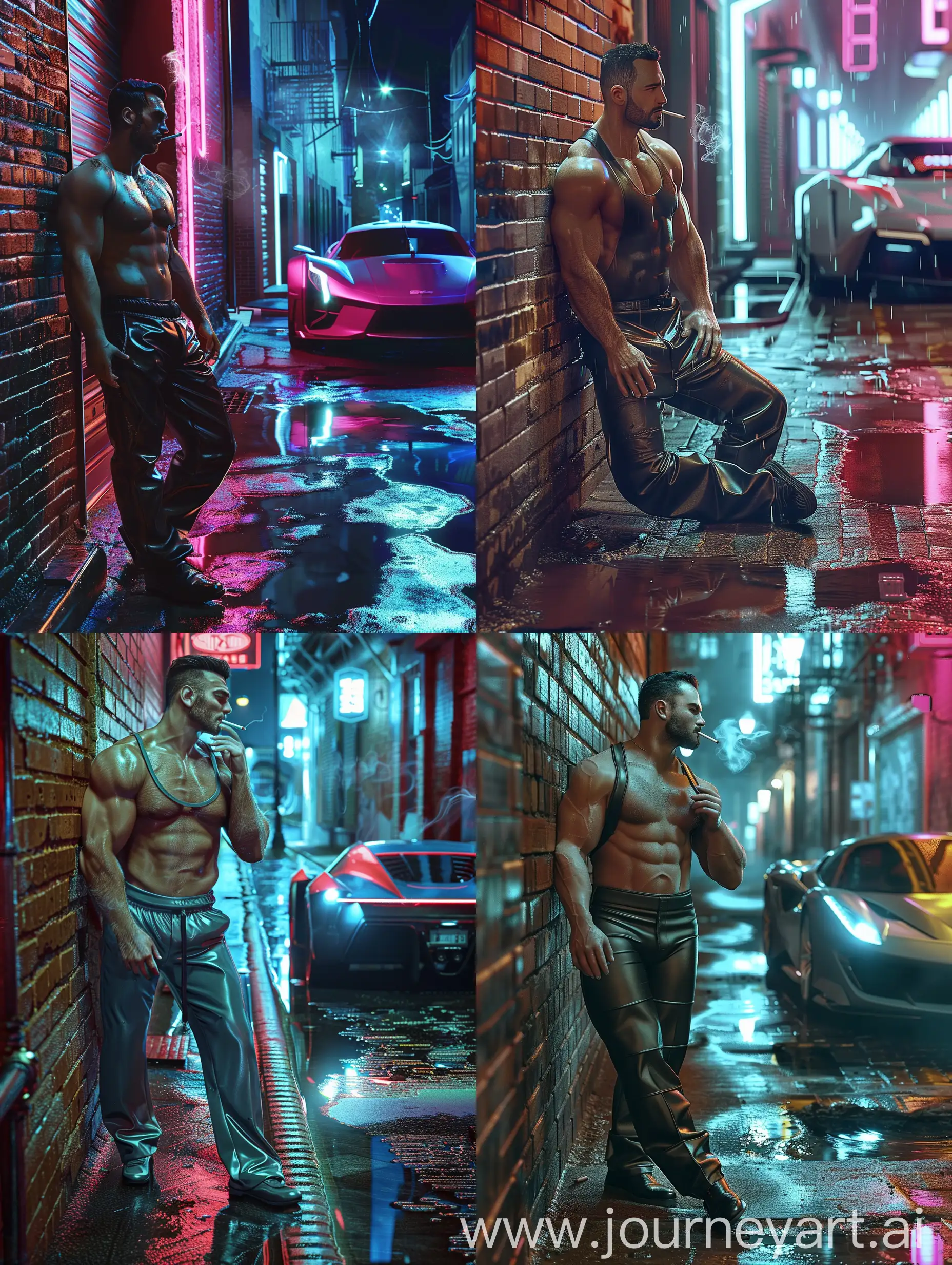 a muscular man in a rubber tank top and pants, smoking a cigarette, leaning against a brick wall, in an alley at night, in a neonwave city with wet cement and a futuristic sports car