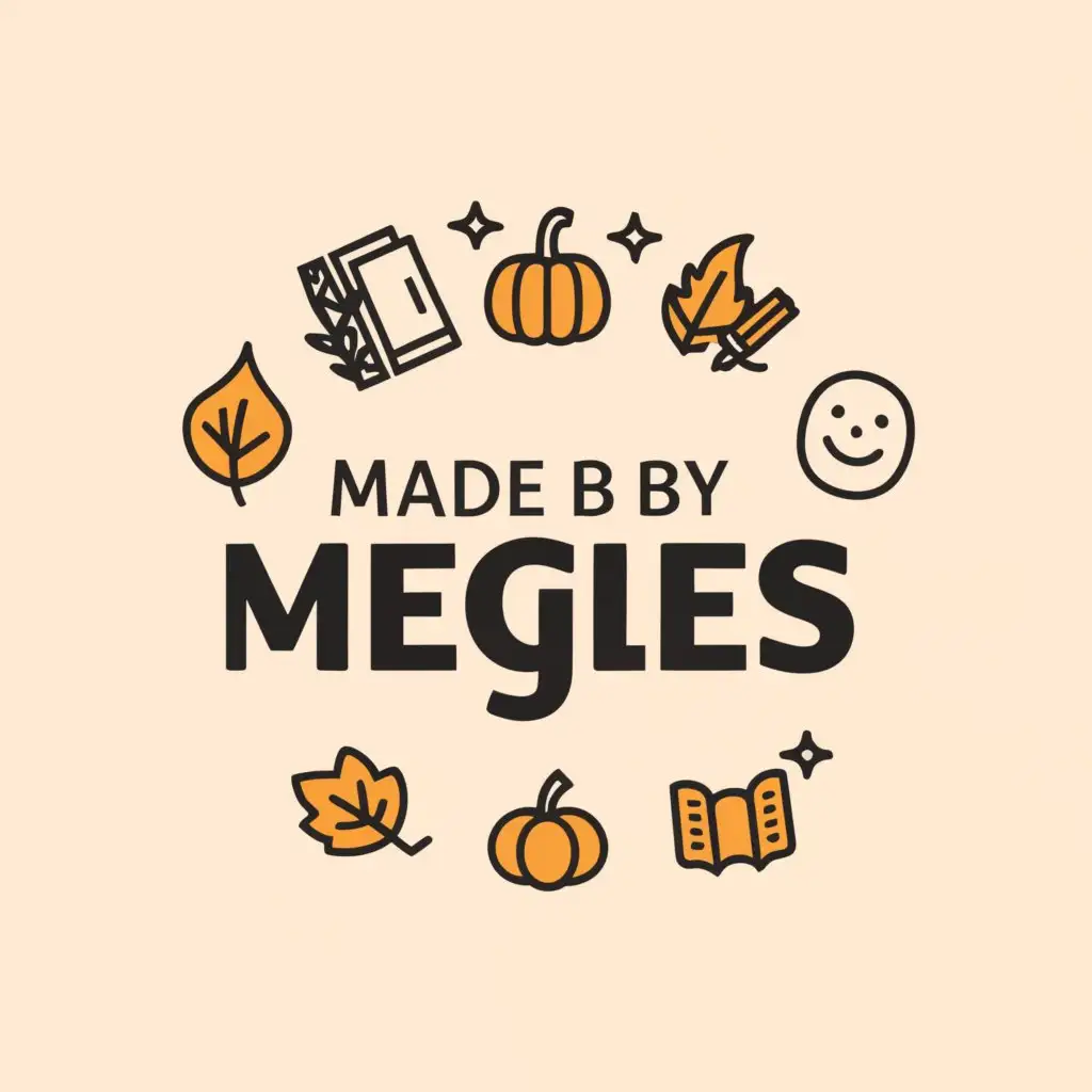 a logo design,with the text "Made By Meggles", main symbol:Book, Coffee, Fall Leaf, Pumpkin,Minimalistic,clear background