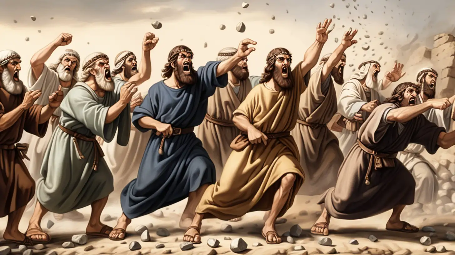 biblical times, a row of angry hebrews all with a small stone in their hand, all throwing small stones in the same direction, en fond la campagne