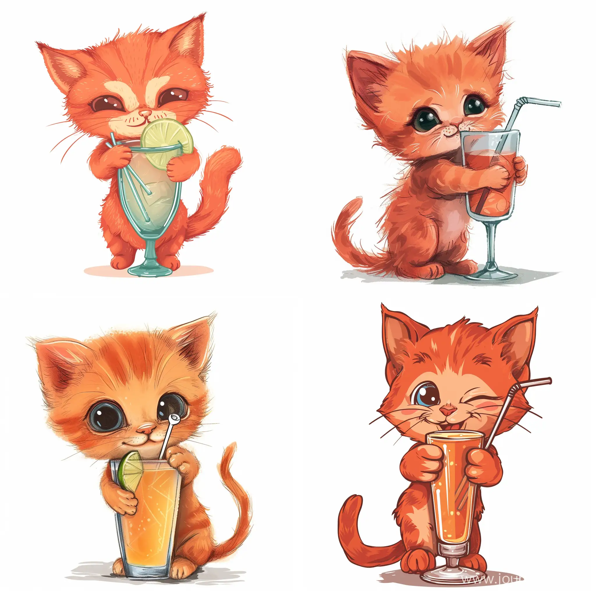 Cartoon red kitten hugs a glass of cocktail with a straw, on a white background
