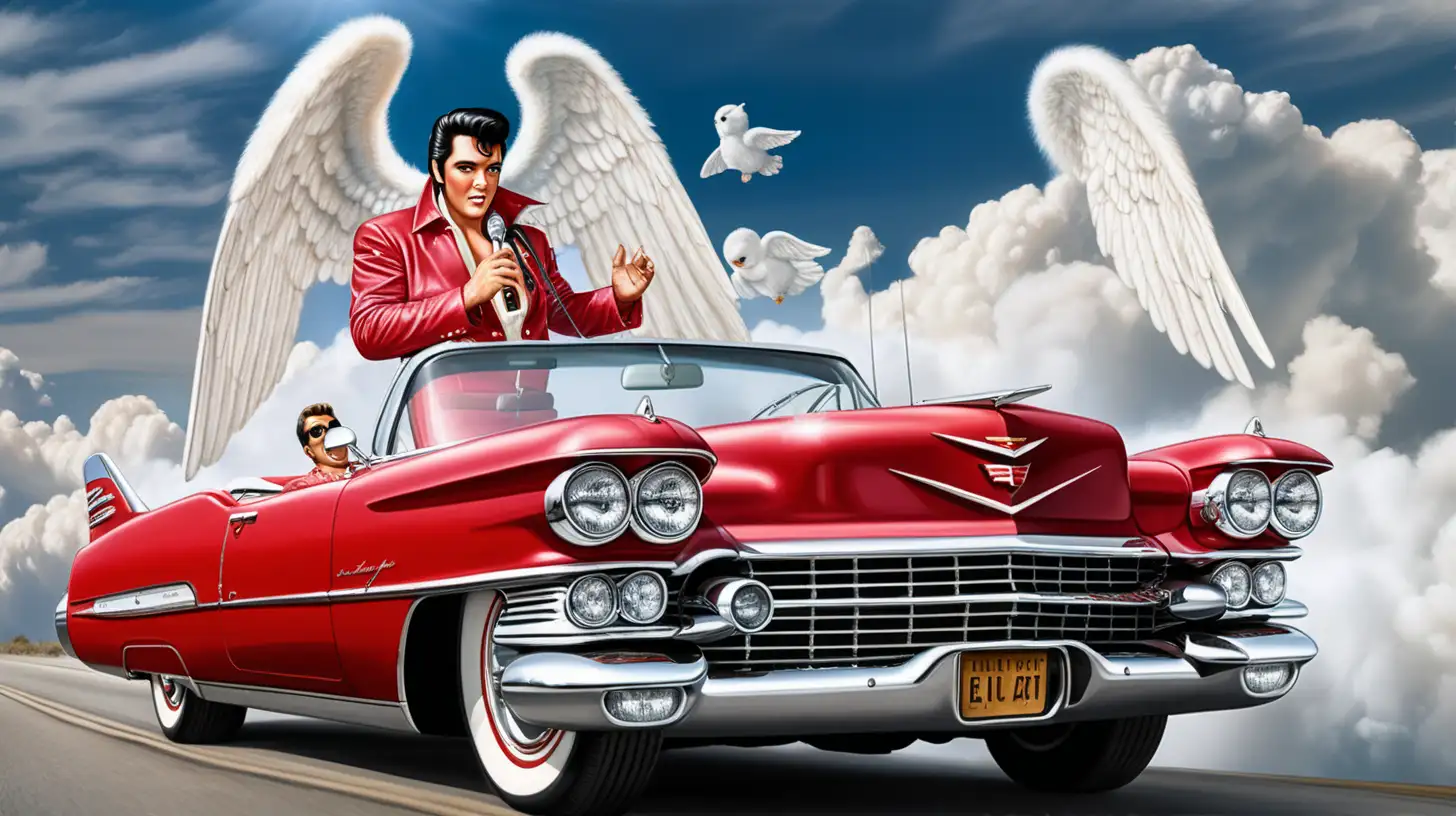 Elvis is driving his red Cadillac convertible, he is in Heaven, fluffy clouds. angels are around him, fantasy scene.