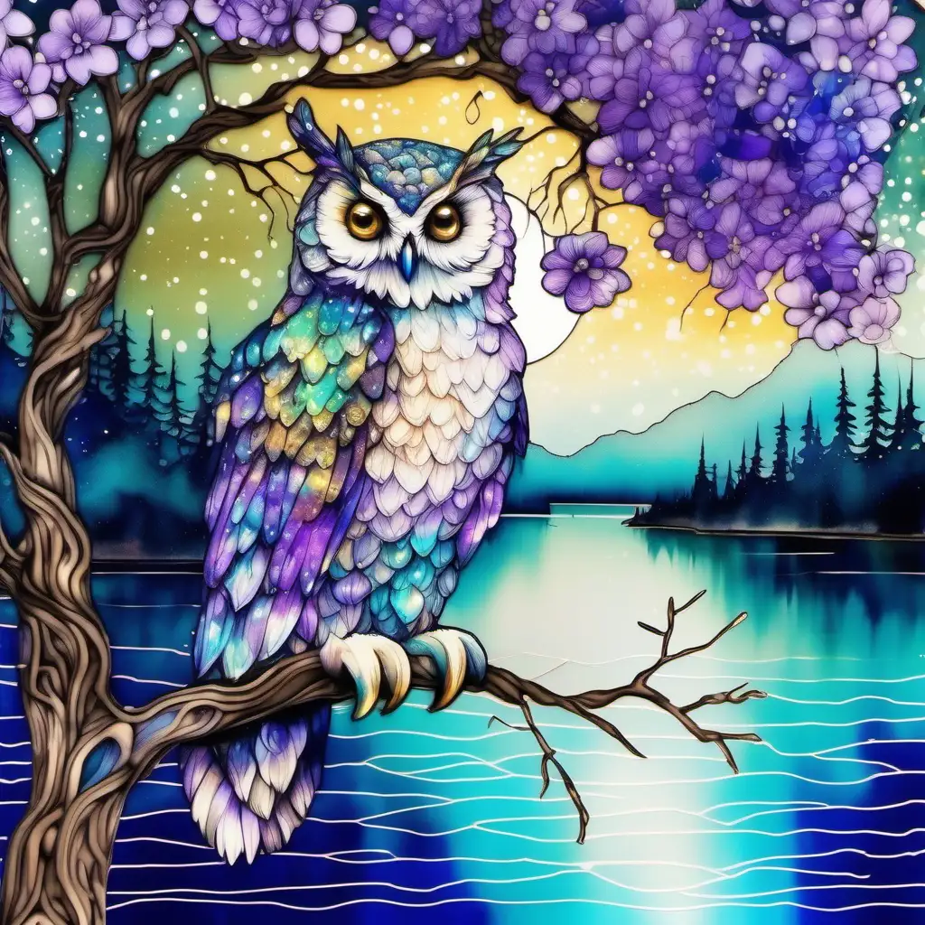 Owl Perched on Branch with Lake View in Pastel Iridescent Hues