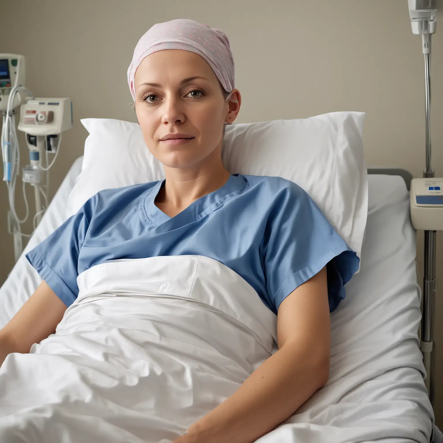A realistic photograph of cancer patient in a hospital bed.