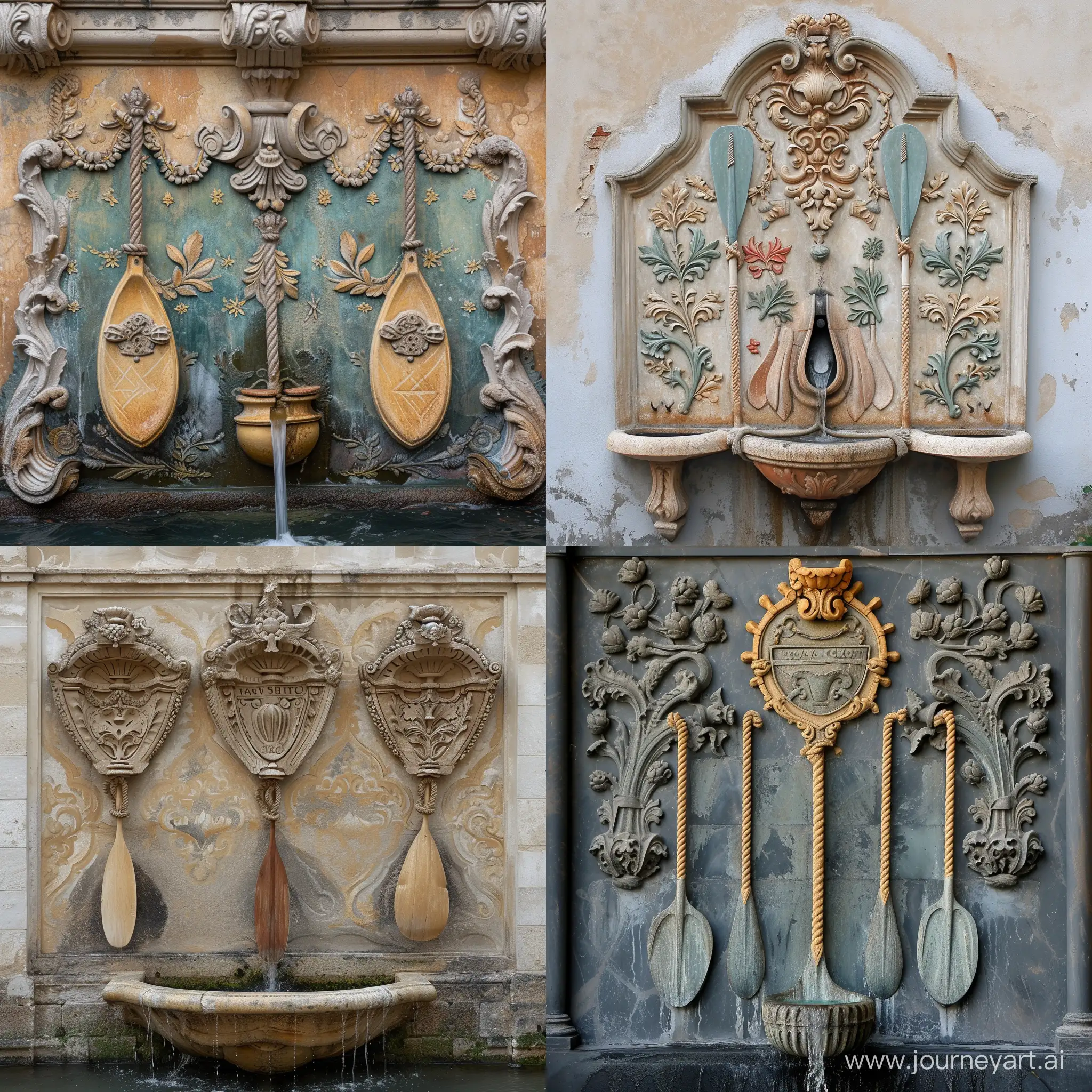 Baroque-Patterned-Wall-Fountain-with-Sea-Vehicles-Paddles-and-Rope