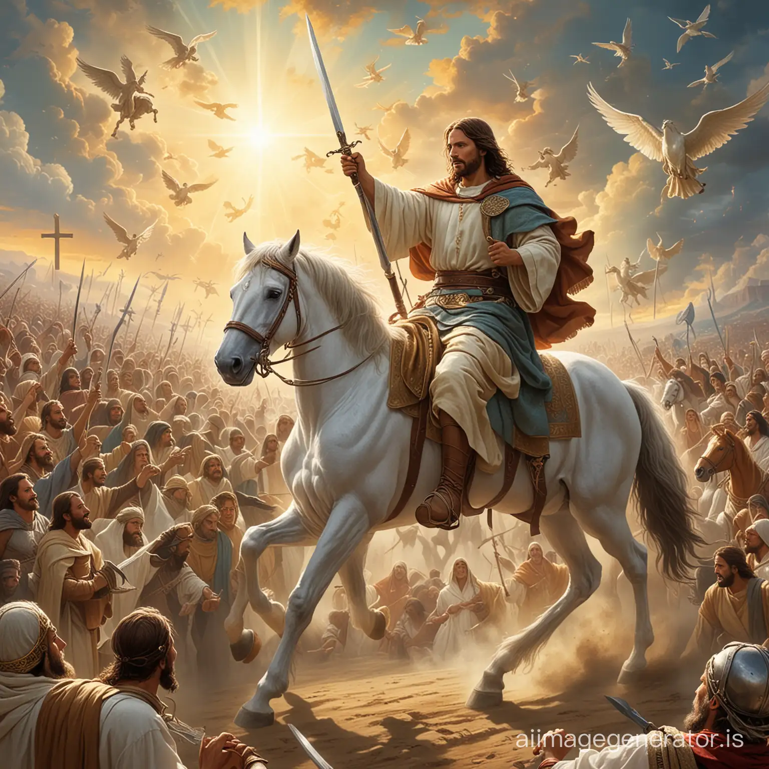 Jesus is riding on horse in heaven having sword in his right hand, also a crowd is with him on horses