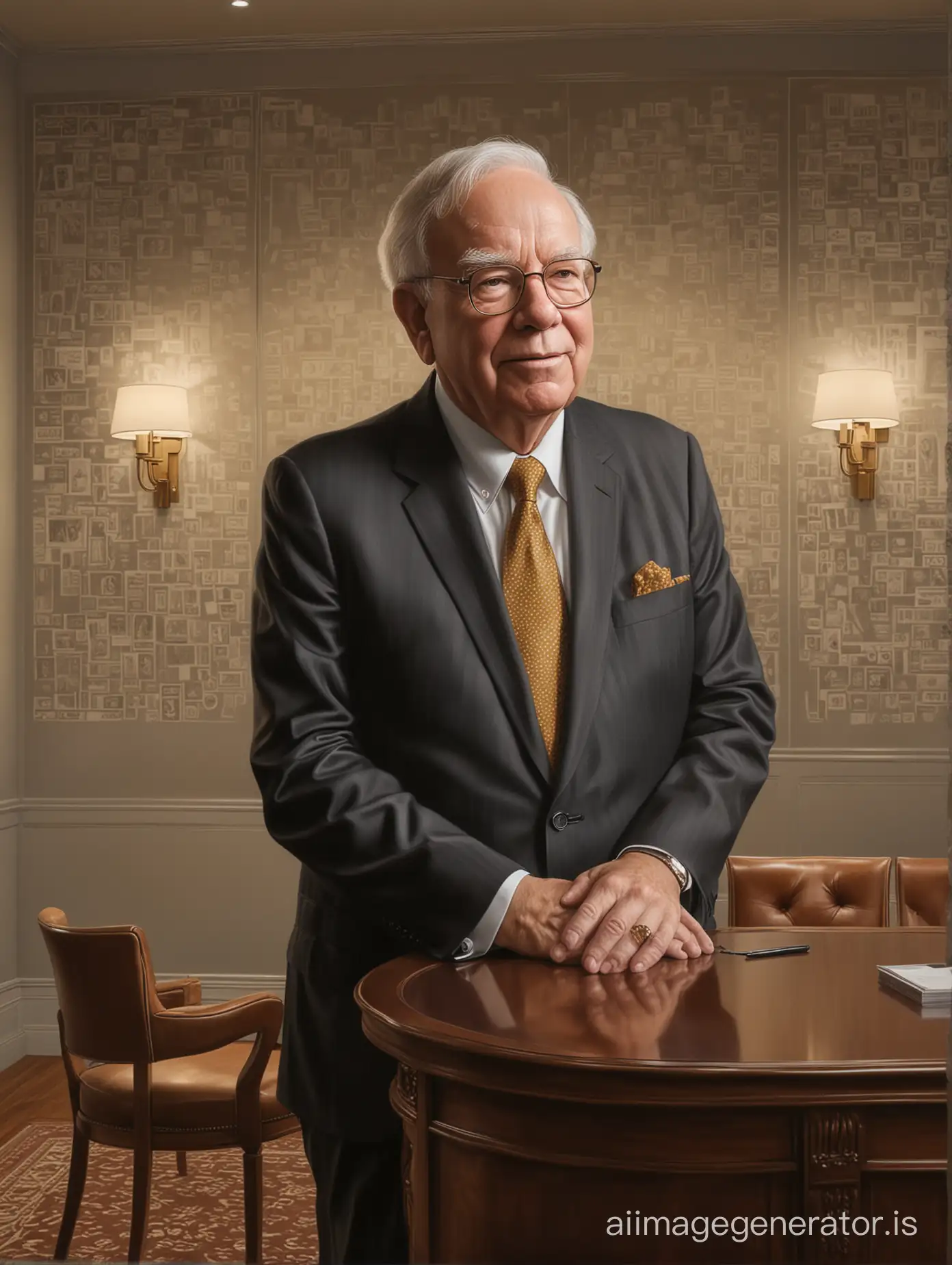 A highly realistic mural capturing Warren buffet in an elegant, dimly lit study, in mid-conversation, with the ambiance of the room reflecting a sense of future possibilities, hyper realistic, ultra realistic details, full body, standing