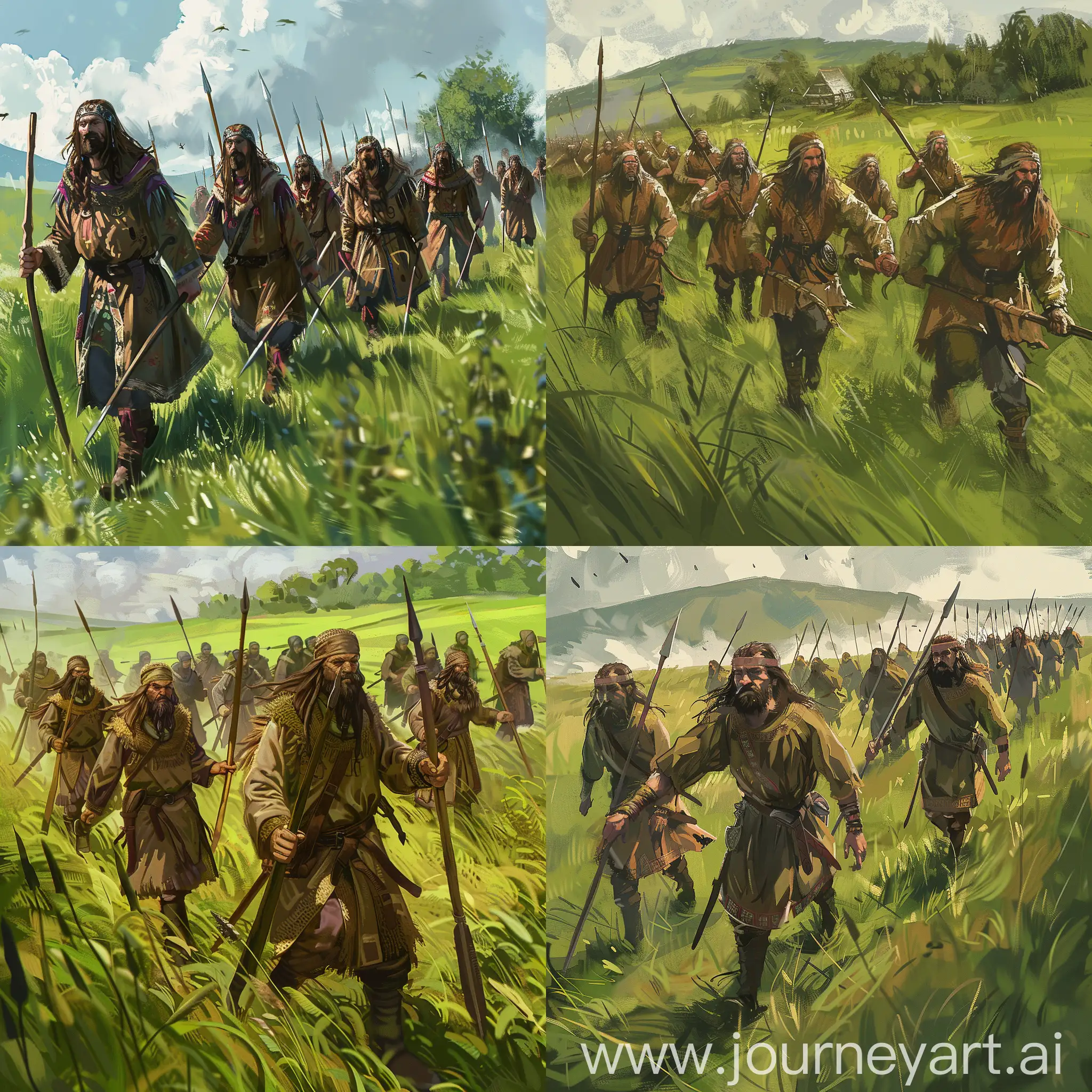 Нарисуй арт: отряд мужчин-крестьян в крестьянской одежде с длинными волосами и копьями в руках идет маршем через зеленое поле. Это в стиле изображений из игры Crusader kings 3.