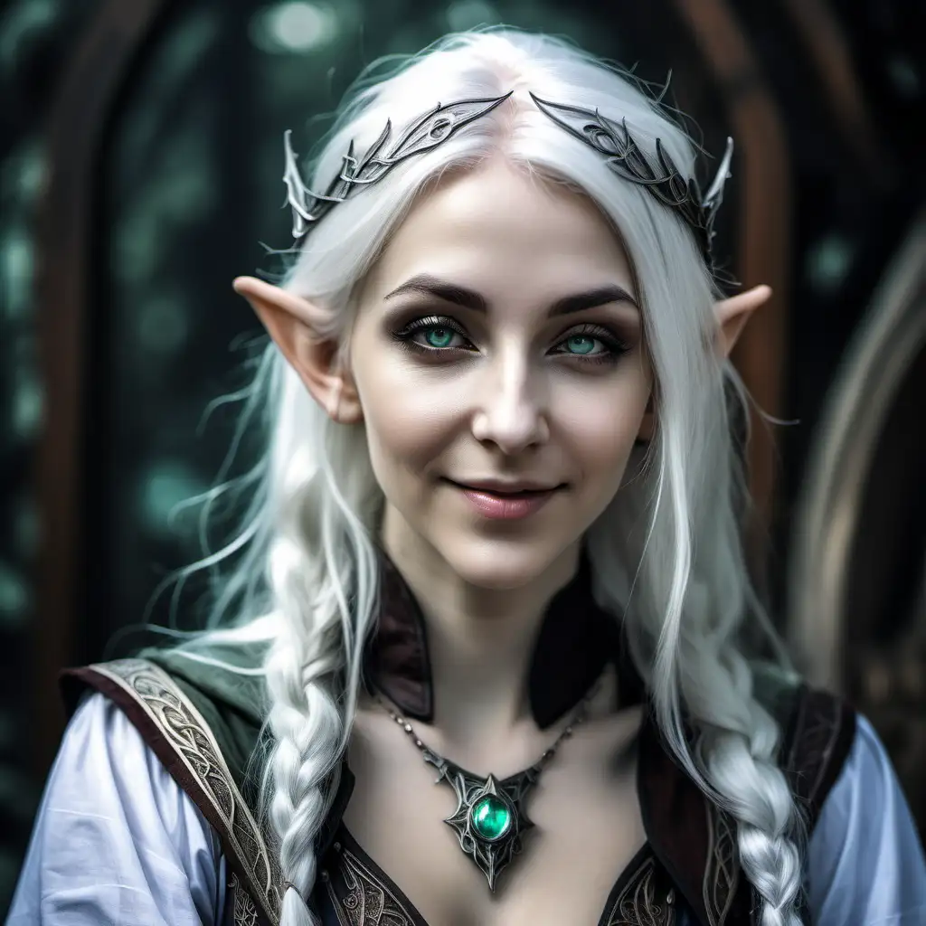 Enchanting Elven Sorceress Portrait in Detailed Apothecary Setting