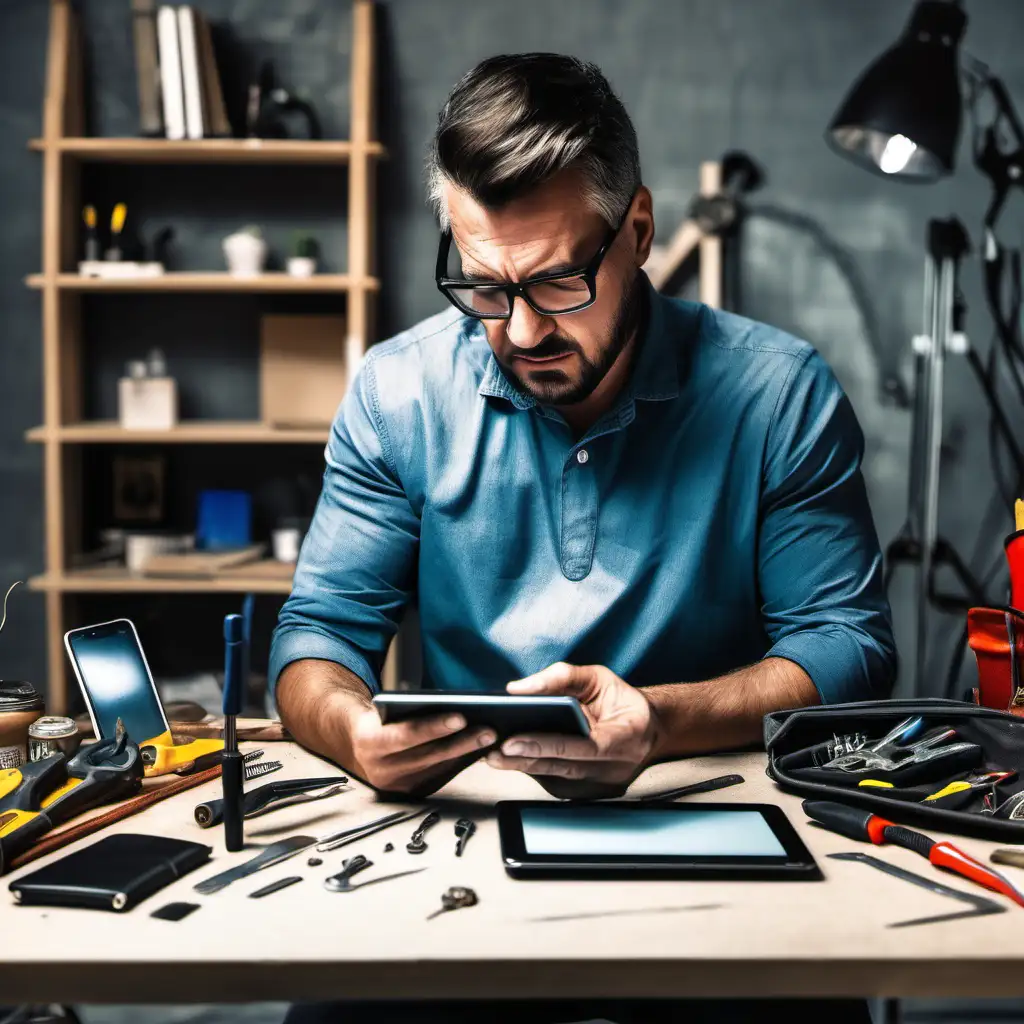 a man learning how to repair his phone by watching video on tablet with desk full of tools for beginner