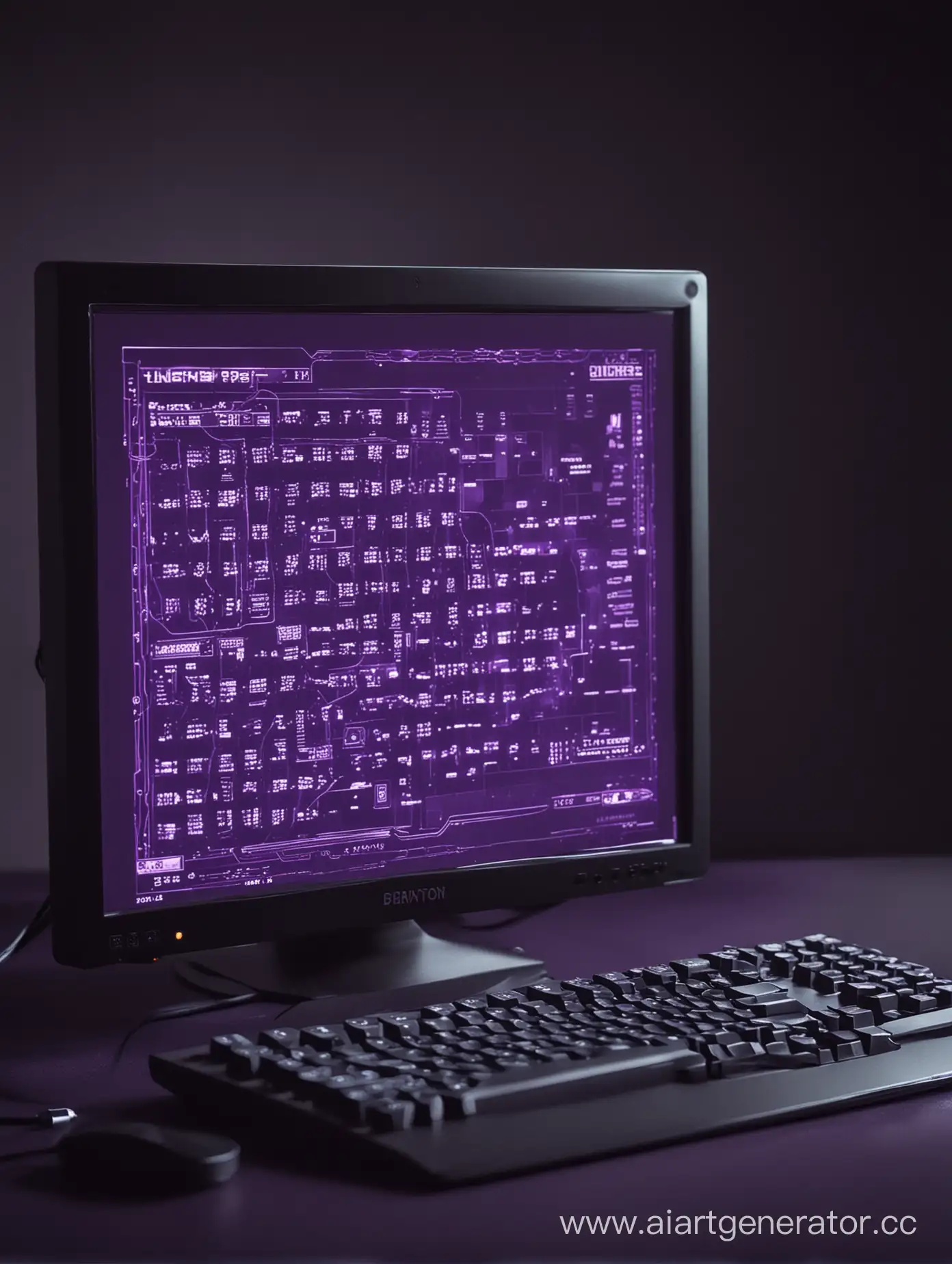 компьютер с игрой на экране в тёмно-фиолетовых тонах