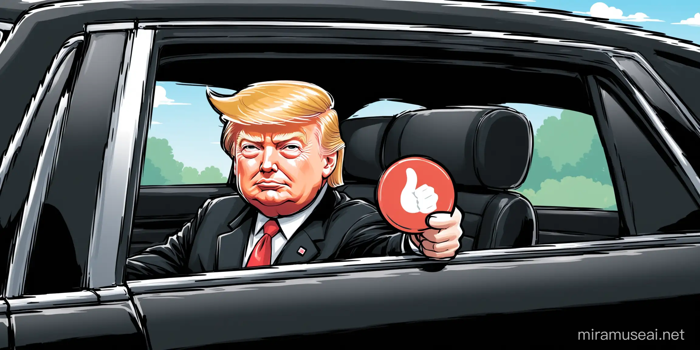Create a photo of President Donald Trump sitting in the passenger seat of a black car looking out the window and holding a like button with one hand, in a cute cartoon style