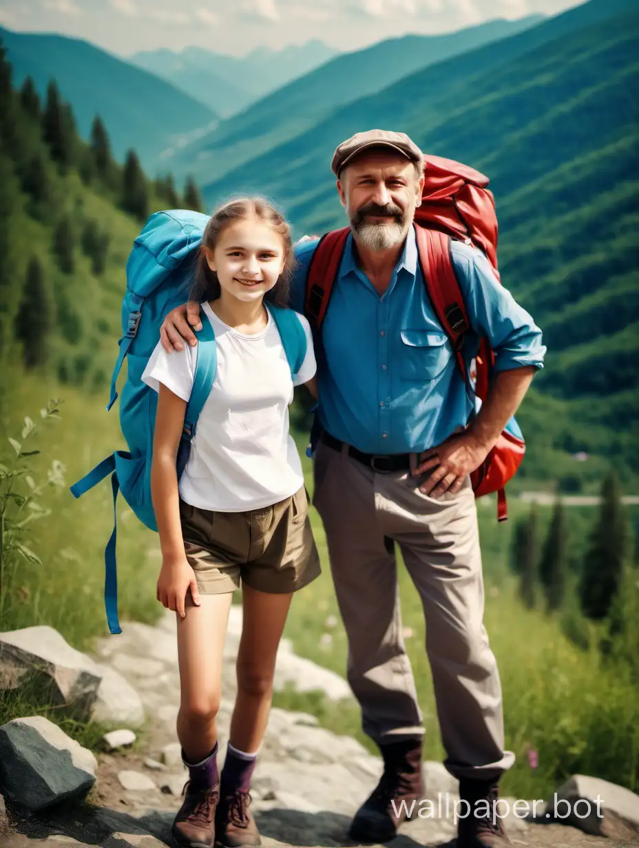 Soviet girl 12 years old with a backpack and a 40-year-old man with a backpack in the mountains, tourists, smile, full-length, coquetry, dynamic poses