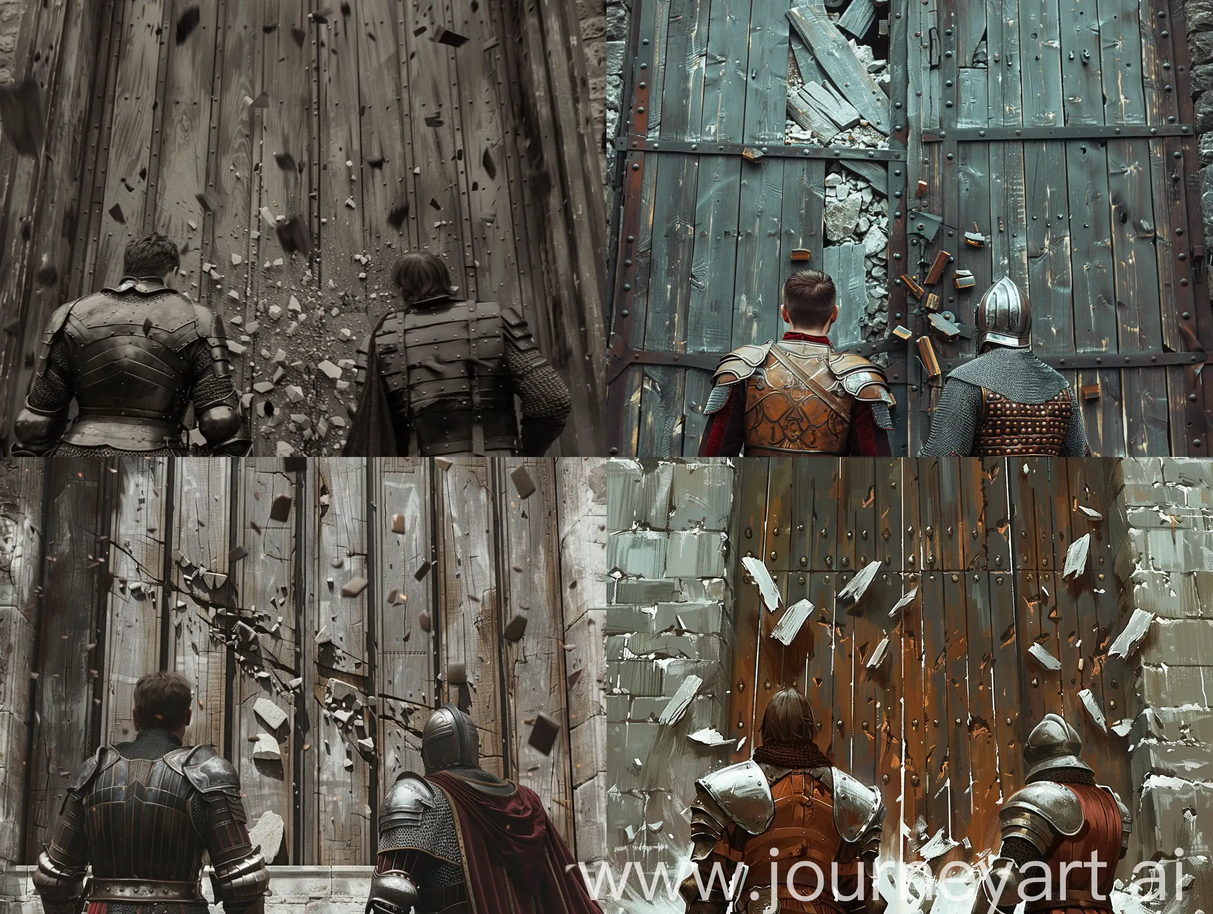 Two men in armor, from the back, stand in front of a high wooden door that has shattered into splinters