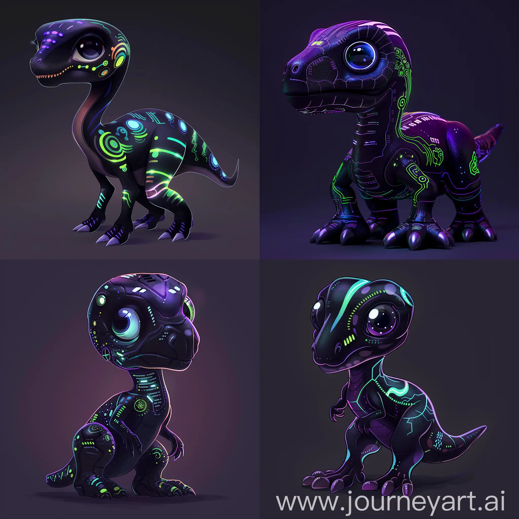 Imagine a miniature dinosaur named CyberRex, a perfect blend of cyberpunk aesthetics and whimsical charm. It embodies the fusion of organic and mechanical, with a sleek body adorned in black and deep purple, highlighted by striking neon green and blue accents. CyberRex's eyes are large and expressive, capable of displaying a wide range of emotions from curiosity and amusement to surprise and cunning. Its cybernetic enhancements gleam with futuristic technology, featuring circuit patterns and glowing lines that hint at its digital prowess. Despite its small size, CyberRex has a big personality, always exploring the cyber world with wit and humor. Its design is not only iconic but also highly meme-able, making it perfect for social media virality and expressive reaction images. Create an image of CyberRex that captures its adventurous spirit and cyberpunk charm, making it instantly recognizable and beloved by the digital community.