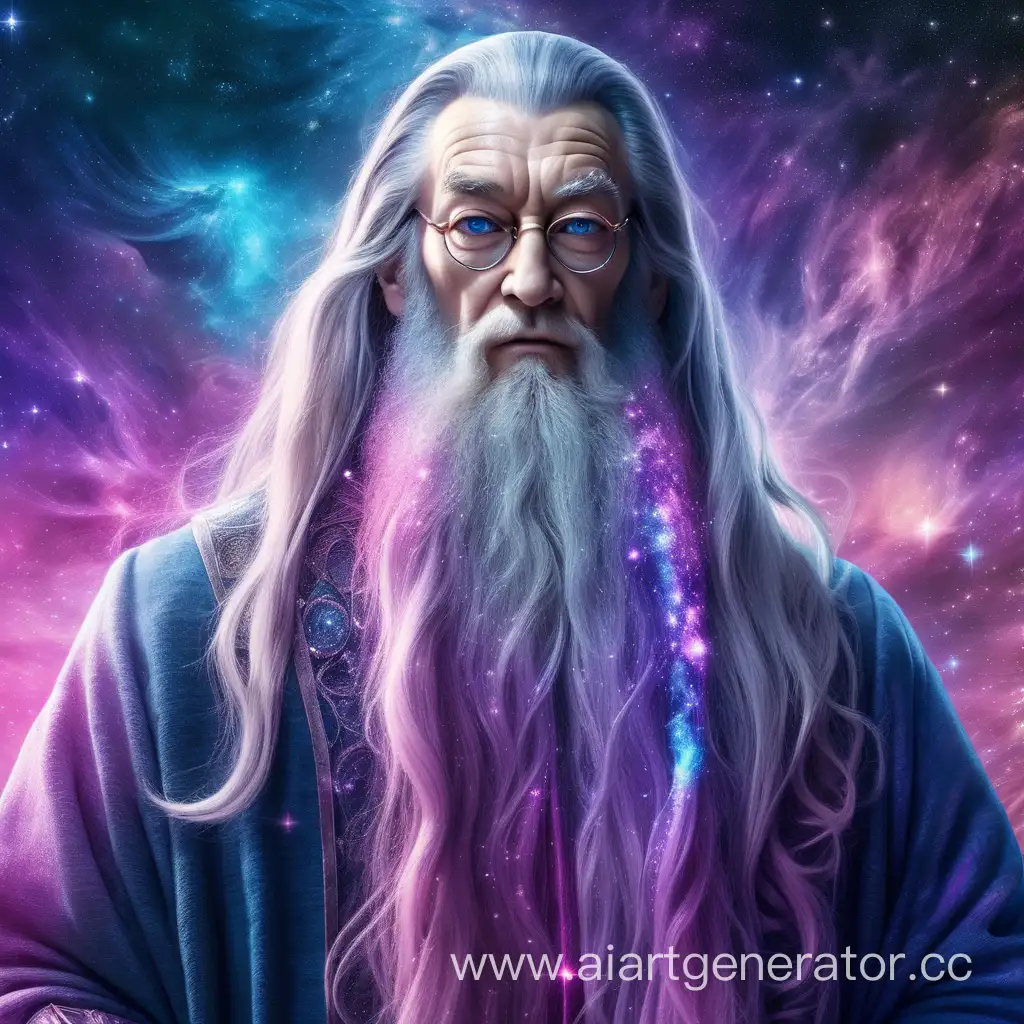 God of Universe. Tall skinny man with long beard. Looks like Dumbledore from Harry Potter). Blue, purple and pink shades. Cosmic theme 
