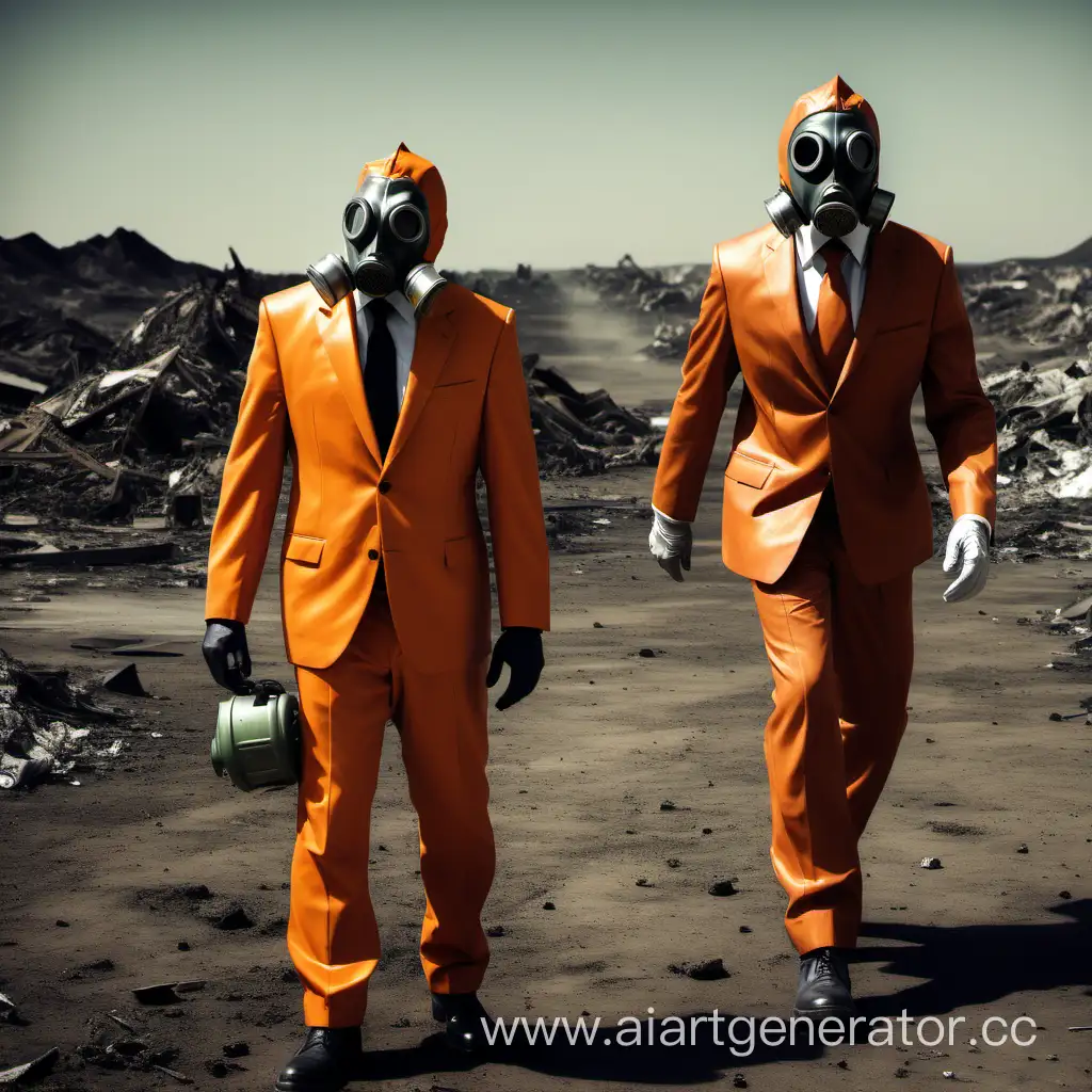 Gas mask mans in orange suit got scrap from other planet
