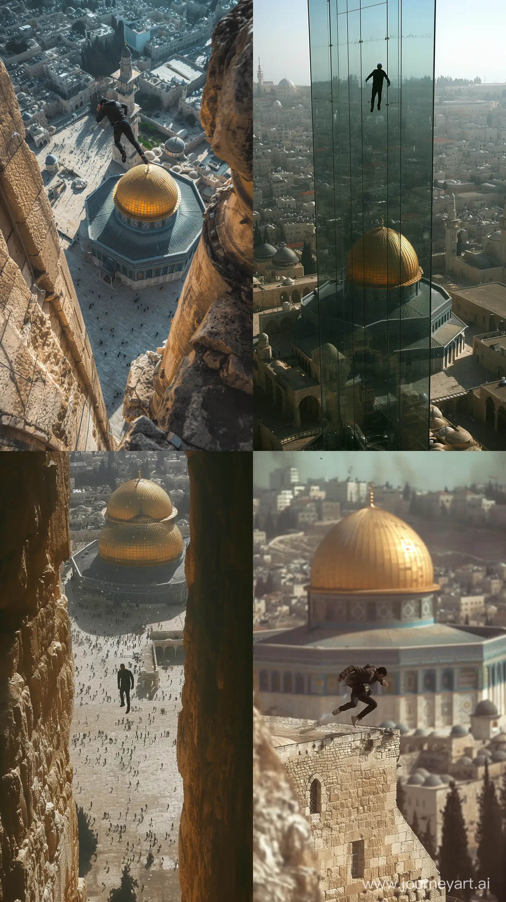 Aerial view of a A man falls in the air and directly below him the Dome of the Rock and the Al-Aqsa Mosque, Diffraction. --ar 9:16 --s 500 --style raw --v 6