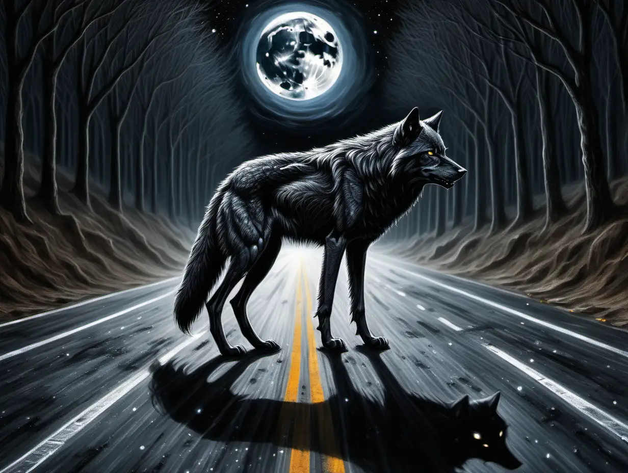 Solitary Black Wolf in Moonlit Desolation