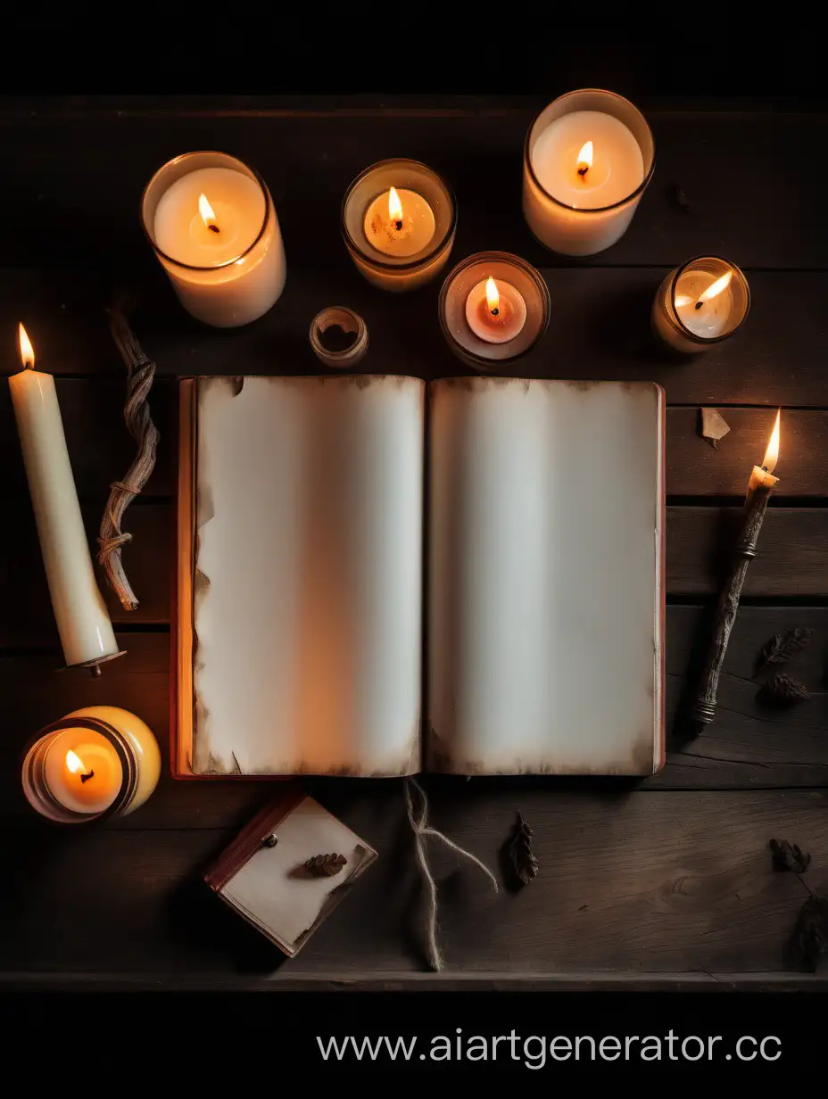 Top view of a wooden table, candles, an open empty diary with old withered pages without notes