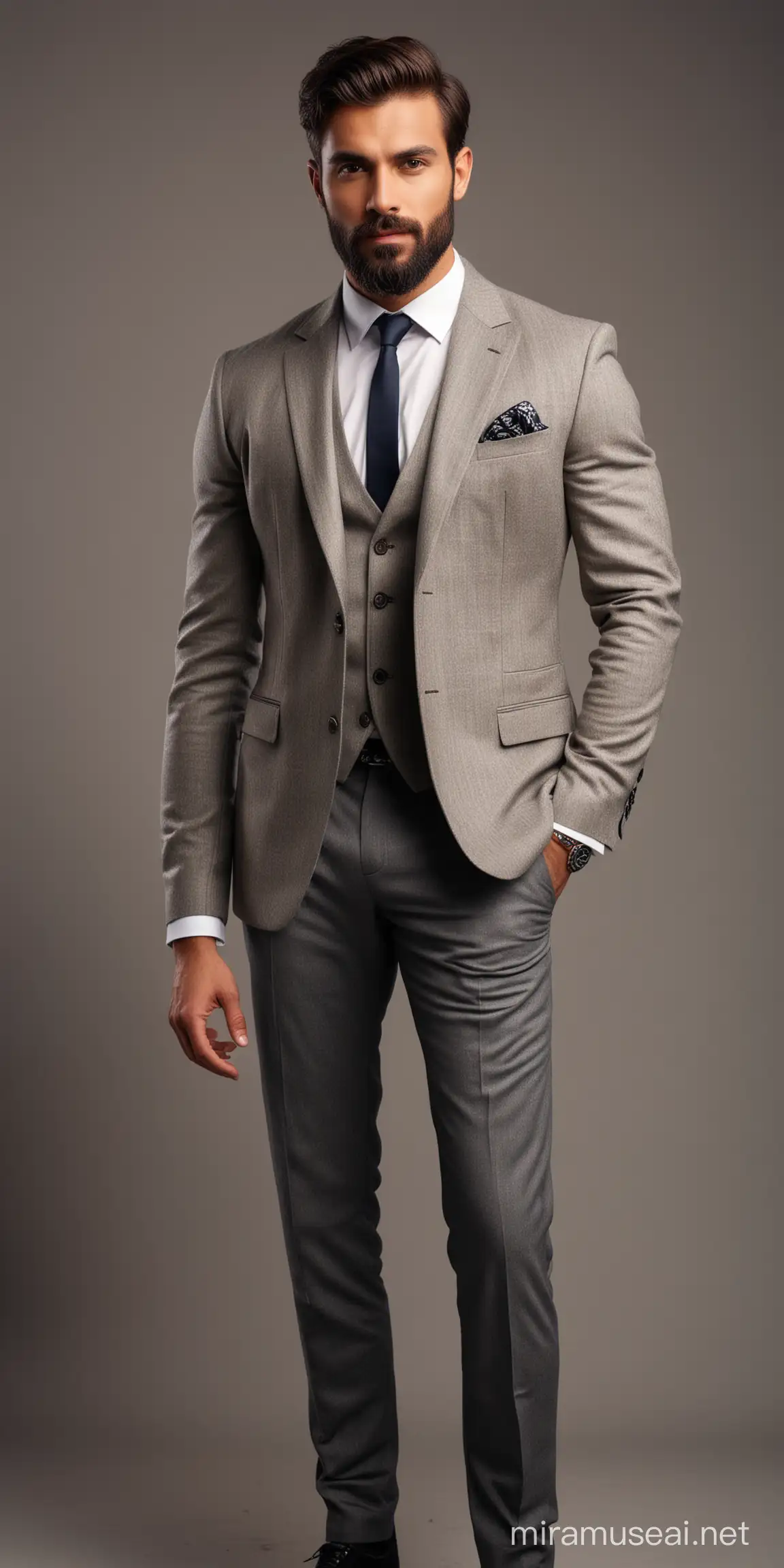 full body portrait of most handsome european man with indian features, elegant and arrogant looks, alfa male, trimmed fashionable beard, looking side over shoulders.
