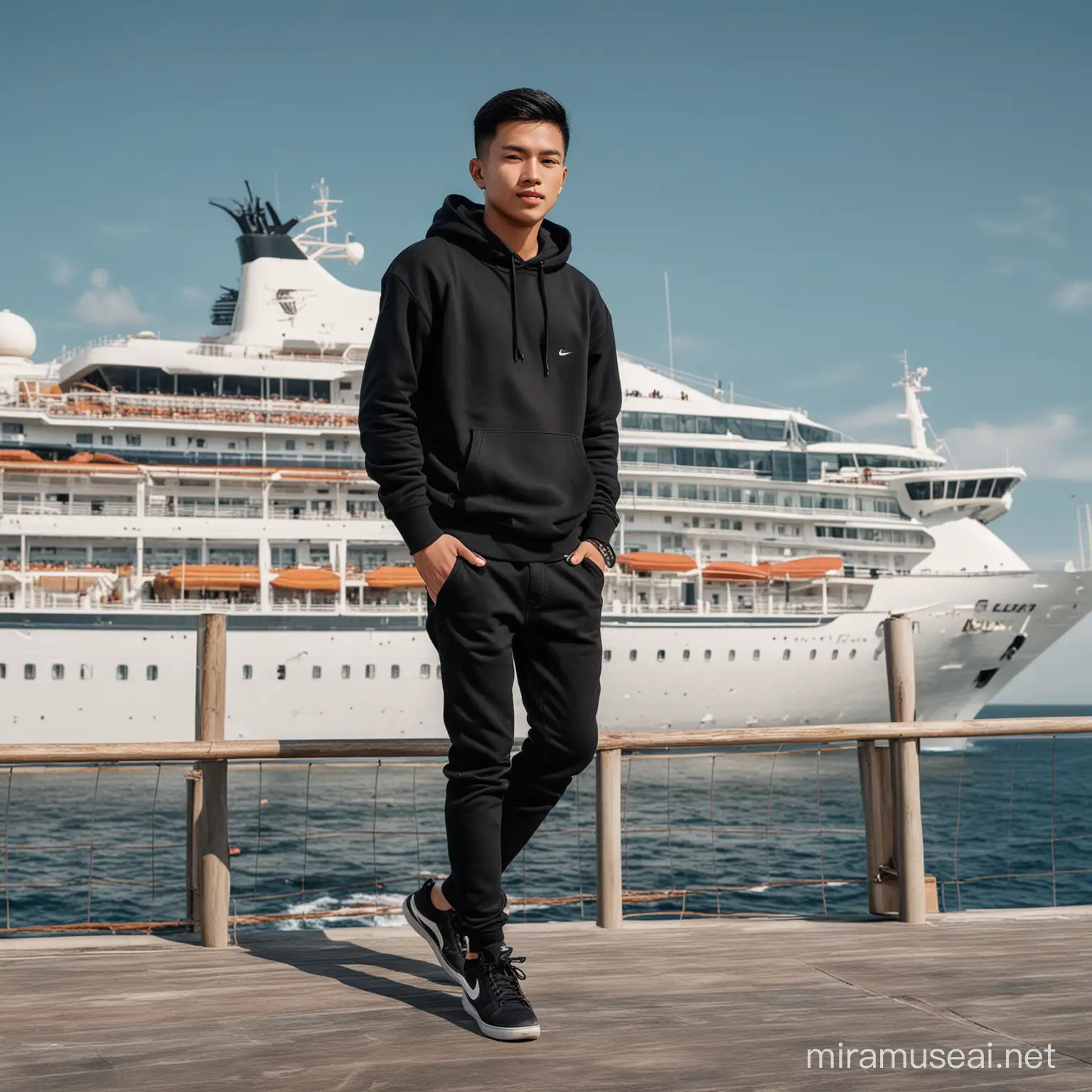 photo of a young man from Indonesia, neat short hair, wearing a black hoodie, wearing black Levis trousers, wearing black Nike shoes. luxury cruise ship background