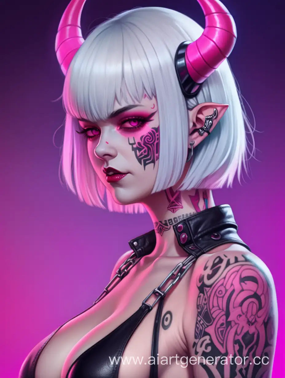 Demon, short white hair with bangs, cyberpunk pink prostitute outfit, tattoo, horns, female character 