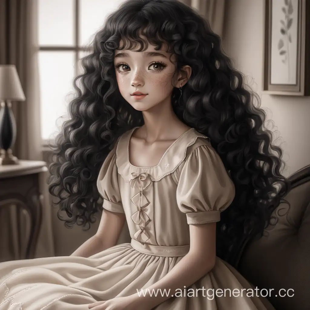 Charming-Freckled-Girl-in-Elegant-Creamy-Dress-with-Long-Curly-Hair