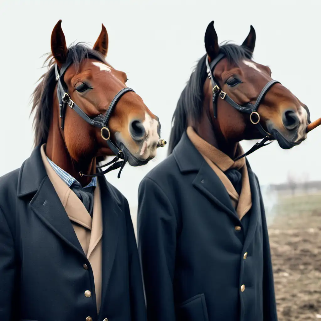 Horses wearing long jackets smoking pipes 